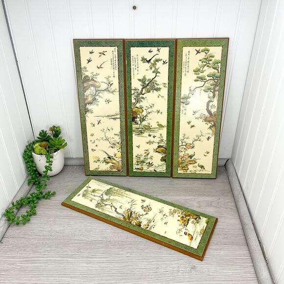 4 Large Mid Century Wood Panels Asian Birds Prints Evangeline Paint 1963 15 x 5" - Picture 5 of 9